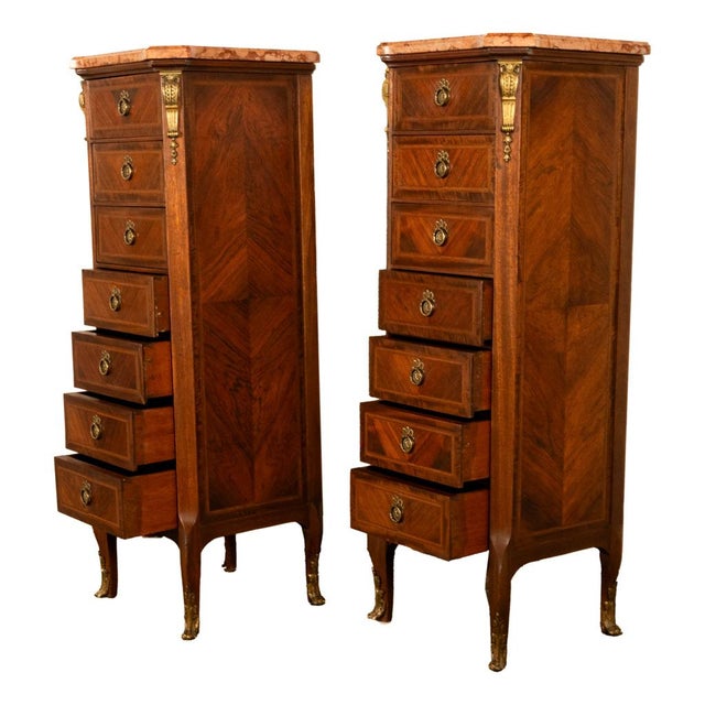 Pair Antique French Semainier Ormolu Inlaid Lingerie Marble Chests Dressers 1900 For Sale - Image 9 of 18