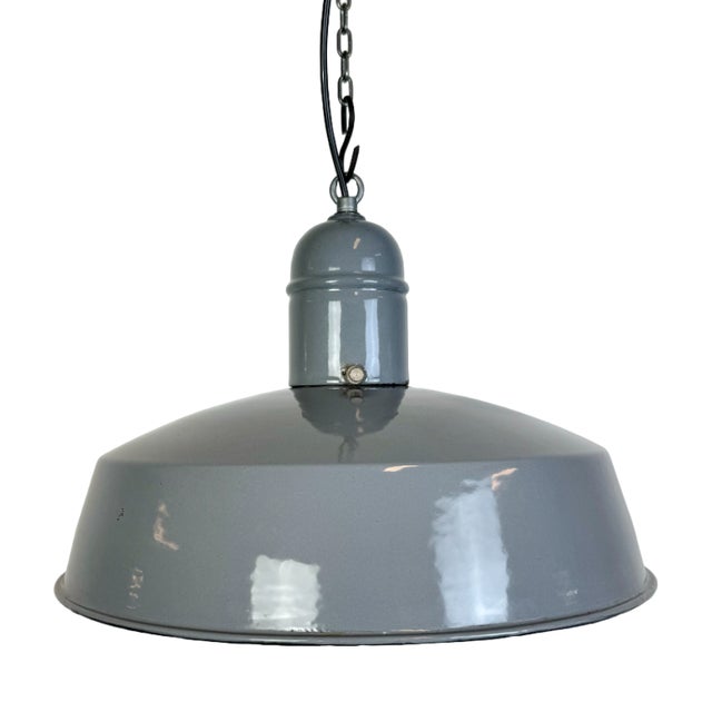 Industrial Grey Enamel Factory Pendant Lamp, 1960s For Sale