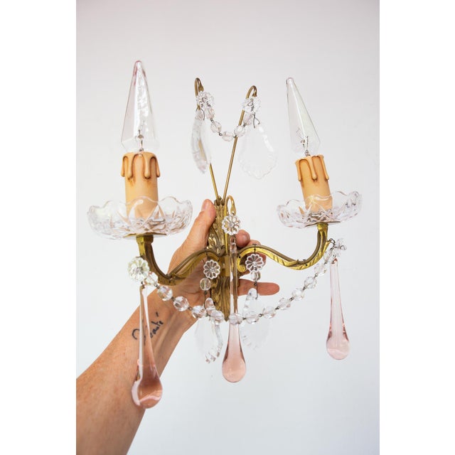 Metal Vintage French Wall Sconce in Brass with Pink or Blue Glass Drops, 1960s For Sale - Image 7 of 7