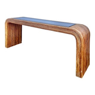 Spilt Reed Waterfall Console Table With Smoked Glass Inset | Hollywood Regency and Mid Century Modern in the Style of Gabriela Crespi For Sale