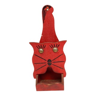 Vintage Folk Art Carved "Cat" Hand-Painted Red and Black Wooden Matchbook Holder For Sale