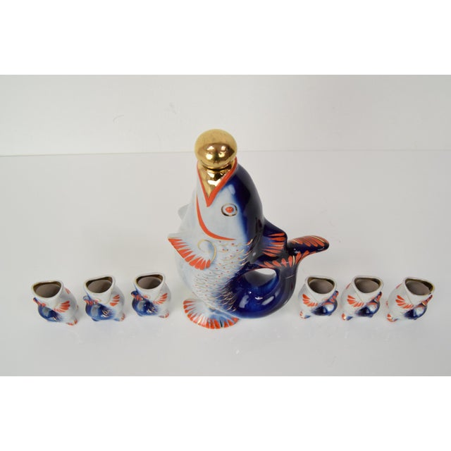 Soviet Fish Decanter and Porcelain Shots Glass, 1950s, Set of 7 For Sale - Image 6 of 12