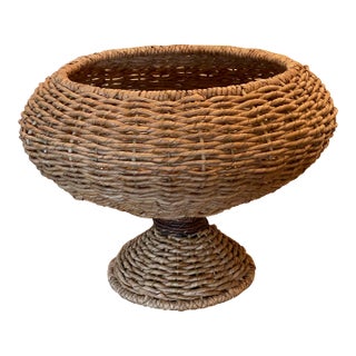 Exquisite Extra Large Vintage Handmade Woven Wicker Centerpiece Bowl on Stand For Sale