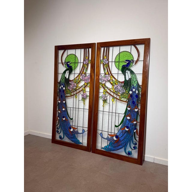 Vintage Stained Glass Peacock Window Panel For Sale - Image 5 of 6