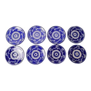 Set of 8 Le Souk Tunisia Salad Plates Cobalt Blue and White Hand Painted Plates Decorative Dinner Table Chargers or Gallery Wall Collection For Sale