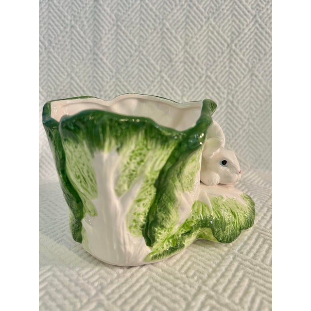 Shabby Chic Vintage Ceramic Bunny Rabbit and Cabbage Leaf Majolica Style Planter For Sale - Image 3 of 9