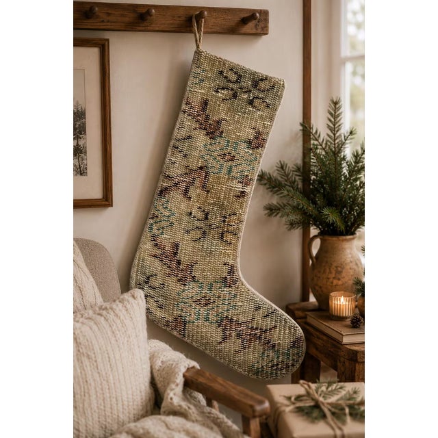 Turkish Vintage Wool Kilim Christmas Stocking, Sage & Dusty Rose Tones, 12.2 X 17.7 in – Handwoven One of a Kind Turkish Decor For Sale - Image 3 of 7