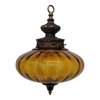 Vintage 1970s Boho Chic Gold Glass Swag Hanging Lamp Plug in Light Ufo Shape For Sale