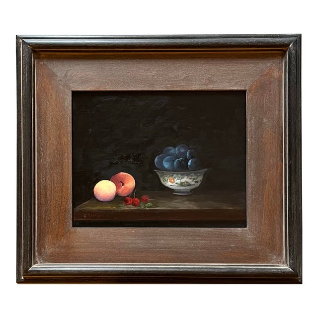Still Life Painting of Plums in a Decorative Bowl by Satori Gregorakis For Sale