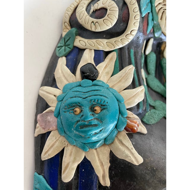 Vintage Mexican Folk Art Ceramic & Stone Embellished Sculptural Wall Mask For Sale In Los Angeles - Image 6 of 12