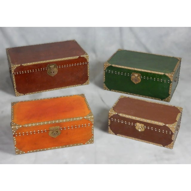 1980s Exotic Brass Nail Head & Enameled Wood Nesting Trunks or Chests For Sale - Image 4 of 12