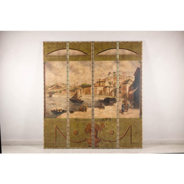 Vintage Four-Panel Painted Screen Depicting Macau Harbor, 1855 For Sale - Image 11 of 17