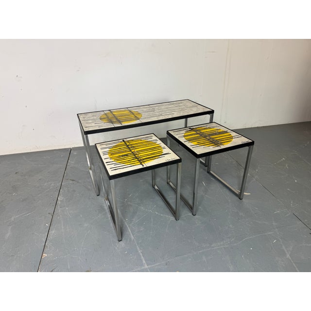 1960s Vintage Chromed Steel and Ceramic Belarti Coffee Table with Side Tables by Juliette Belarti, 1960s, Set of 3 For Sale - Image 5 of 11