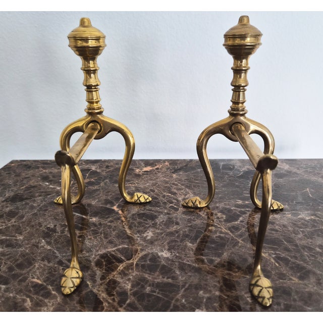 Pair of Handmade Italian Solid Brass Fireplace Andirons For Sale In Dallas - Image 6 of 7