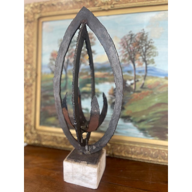 Striking mid-20th century Brutalist abstract sculpture composed of possibly hand-welded steel and mounted on what is most...