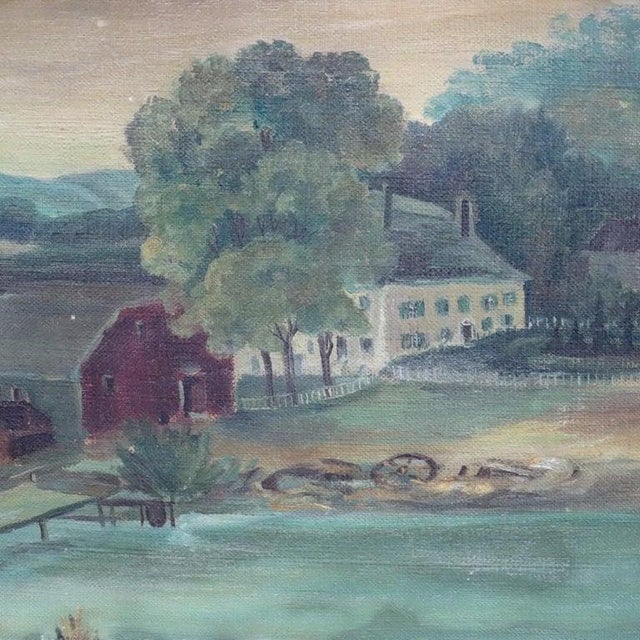 Antique Oil on Canvas Folk Art Painting of a Rustic Country River Village C1890 For Sale - Image 4 of 12