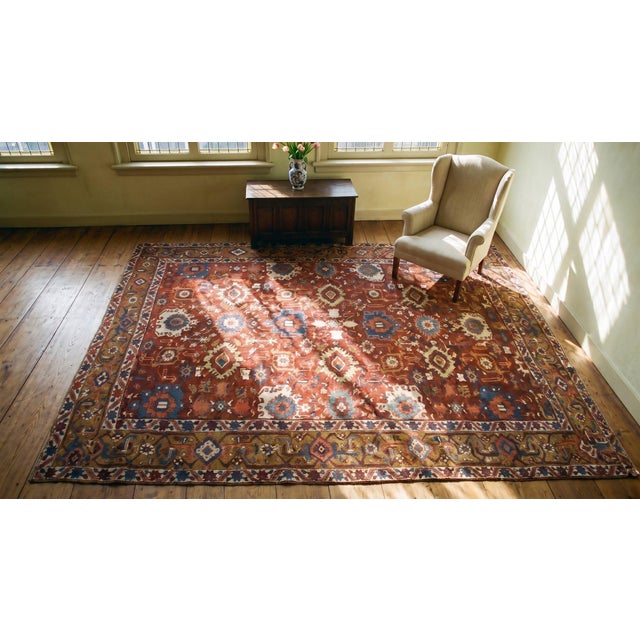 Antique Persian Heriz Serapi Carpet on Red-Ruby Background Color With Harshang Pattern For Sale - Image 9 of 10