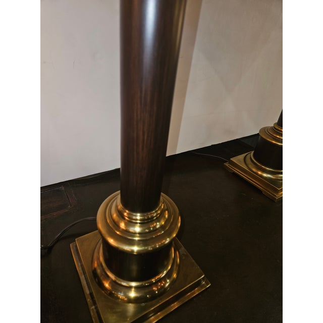 Handsome Classical Column Lamps With Brass Caps and base 1980s Great condition. Ivory Shades for photograph purposes only.