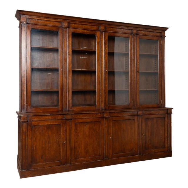Early 20th Century French Oak Bookcase Cabinet With Glass Doors For Sale