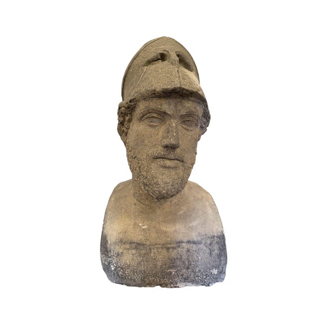 Stone Carved Stone Bust of Pericles With Corinthian Helmet. Italy, 20th Century. For Sale - Image 7 of 8