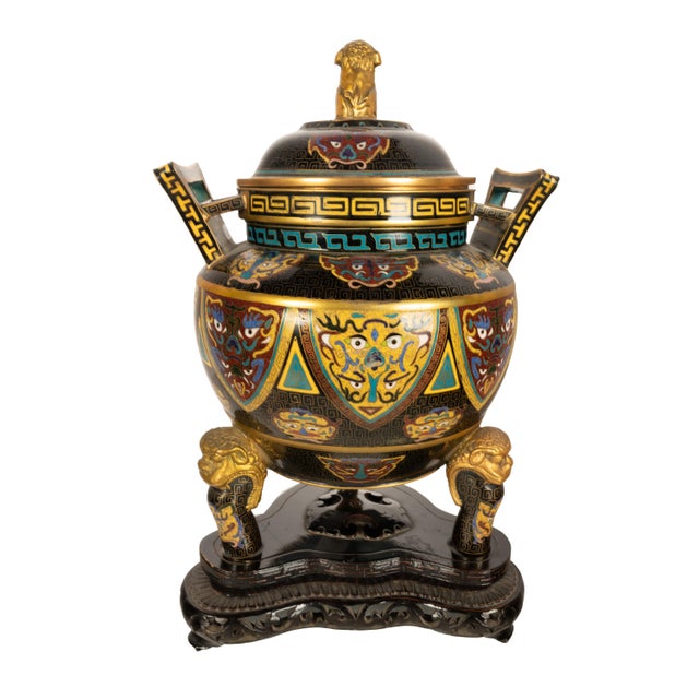 Metal Antique Chinese Qing Dynasty Cloisonne Censer Ding Lidded Incense Burner 1870 For Sale - Image 7 of 12