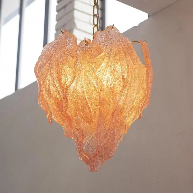 Pink Suspension Chandelier with Murano Glass Leaves, Italy, 1990s For Sale - Image 4 of 11