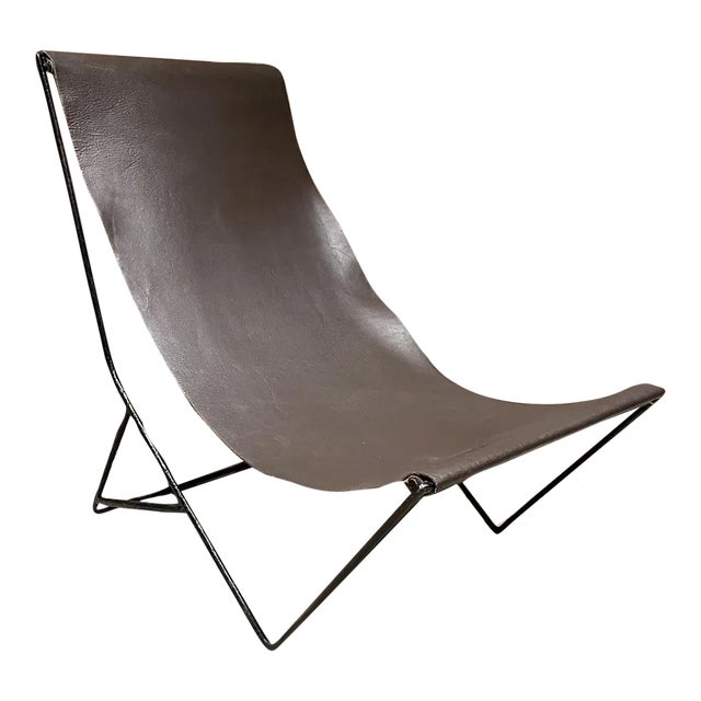 2000s Modern Studio Lounge Chair Brown Leather Sling Iron For Sale