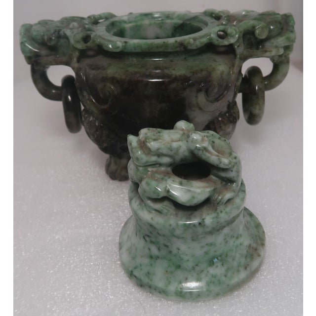 Vintage Chinese Jade Incense Burner, Covered, With Tripod Feet, Foo Dog Finial and Dragon Head Loose Ring Handles For Sale - Image 9 of 16