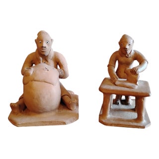1970s Pair Vitalino Filho Caruaru Brazil Folk Art Terracotta Occupational Sculptures For Sale