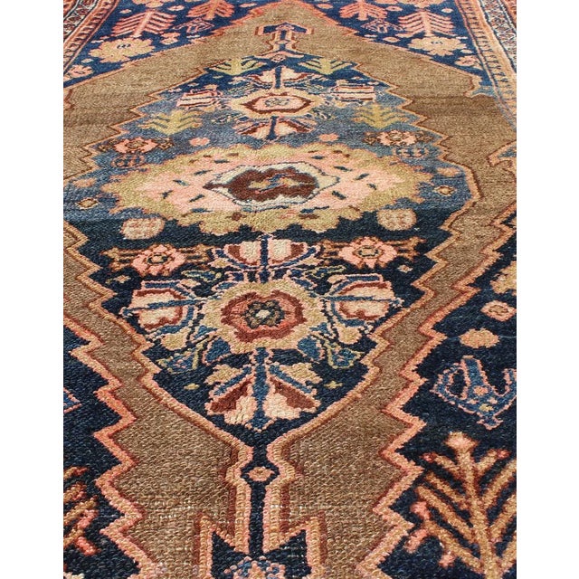Blue Tribal Medallion Design Antique Persian Serab Rug in Camel and Shades of Blue For Sale - Image 8 of 13