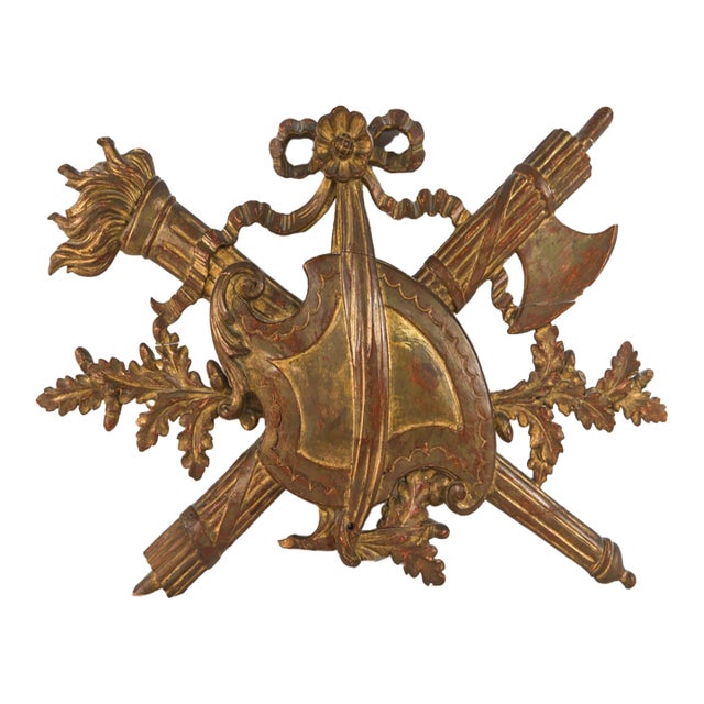 Vintage Carved Gilt Armorial Wall Crest Sculpture For Sale
