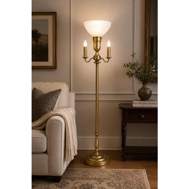 Brass Late 20th Century Classic Sunlit Brass Torchiere Floor Lamp With Integrated 3-Light Candelabra — 59” H For Sale - Image 8 of 9