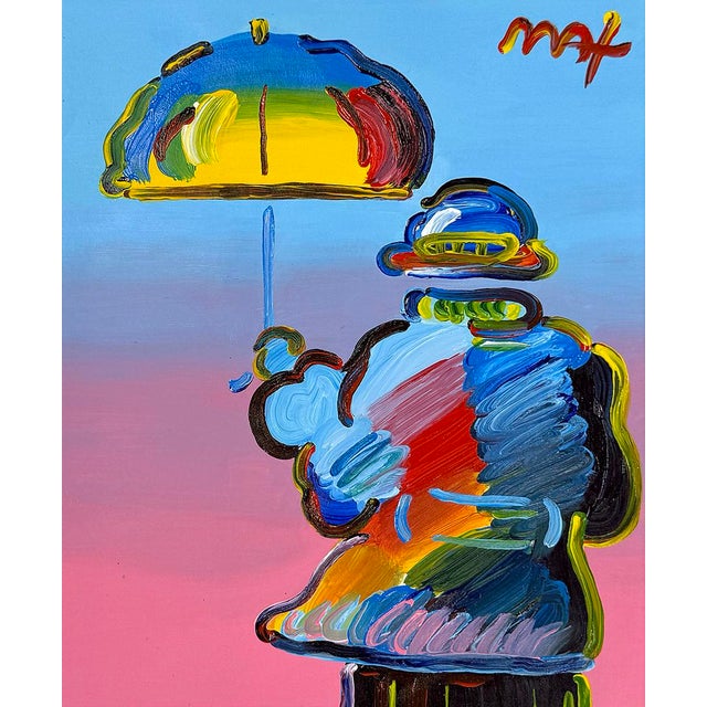 Unique, one of a kind acrylic painting on paper. Hand signed upper front and remarqued and signed on verso by Peter Max....