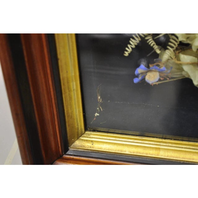 Brown Antique Victorian Harp Design Flower Mourning Wreath Mahogany Shadow Box Frame For Sale - Image 8 of 11