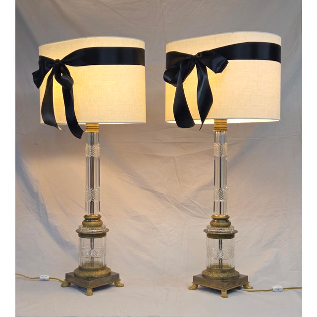Vintage Crystal and Brass Column Table Lamps - Style of William Kessler Baccarat For Sale - Image 12 of 17
