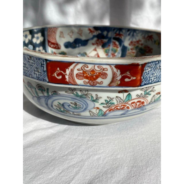 Large 19th Century Japanese Imari Octagonal Bowl With Karashishi & Landscape Panels For Sale - Image 11 of 18