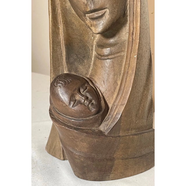 1970s Vintage Hand Carved Wood Religious Virgin Mary Jesus Bust Statue Sculpture Art For Sale - Image 5 of 9