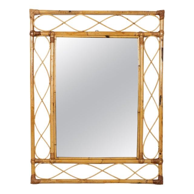 Mid-Century French Riviera Curved Bamboo and Rattan Wall Mirror, Italy, 1970s For Sale