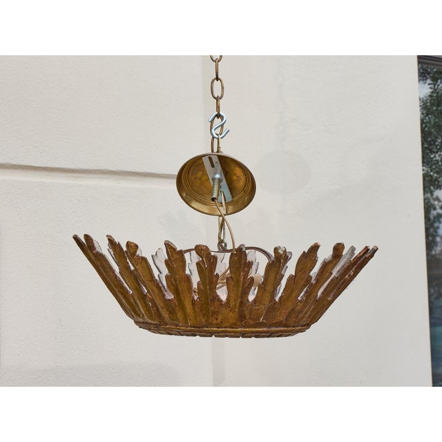 Wood 1930s Italian Giltwood Sunburst Chandelier with Frosted Glass Diffuser For Sale - Image 7 of 7