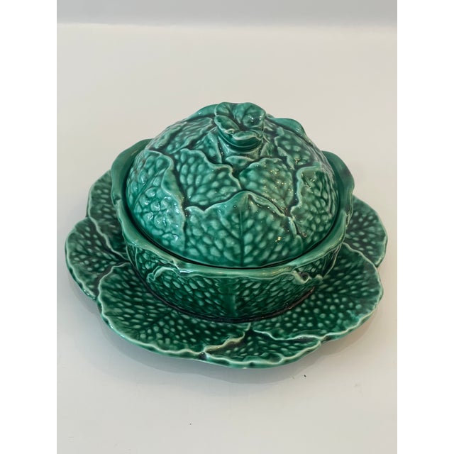 French Pair Majolica Covered Tureens Green Cabbage , by Sarreguemines For Sale - Image 3 of 12