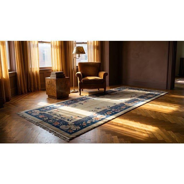 1920s Beige Floral Shou Antique Chinese Rug 4' 2'' X12' 0'' Knotted Wool Carpet For Sale - Image 12 of 13