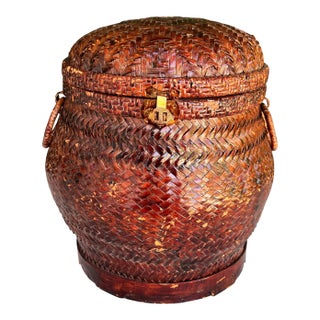Antique Southeast Asian Lacquered Woven Wedding or Rice Basket With Brass Lock For Sale