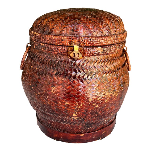 Antique Southeast Asian Lacquered Woven Wedding or Rice Basket With Brass Lock For Sale