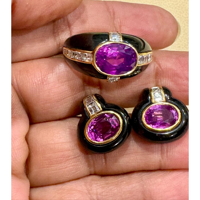 6Ct Natural PURPLE Sapphire , Black Onyx & Pave Diamond Ring & Earring Set 18KG For Sale - Image 9 of 18