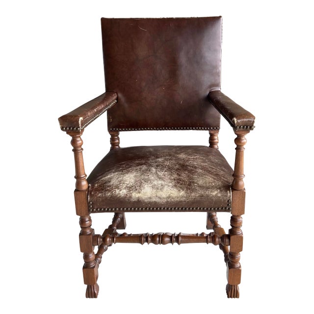Antique High Back Carved Wood Leather Chair For Sale