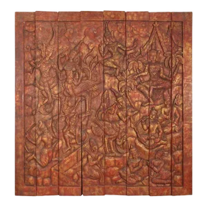 Antique Monumental Asian Hand-Carved Wooden Decorative Mural Panel 8ft