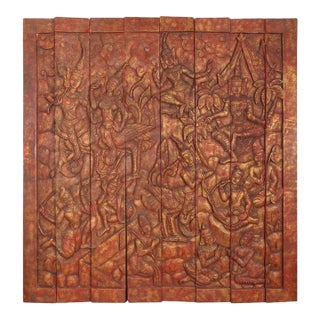 Monumental Vintage Thai Hand-Carved Wood Kinnari Wall Panel, Red and Gold For Sale