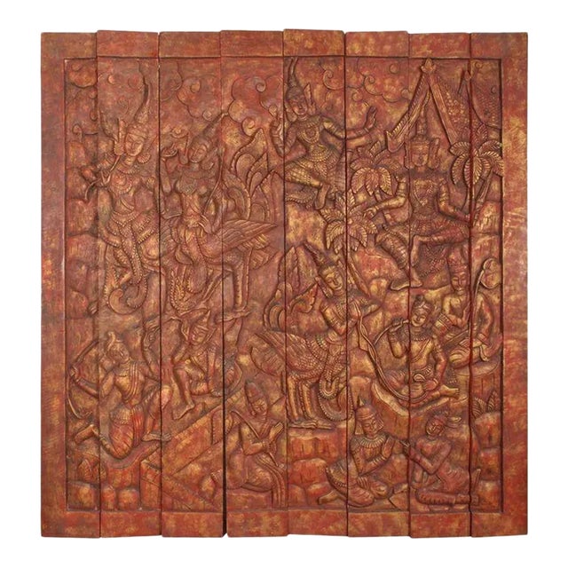 Monumental Vintage Thai Hand-Carved Wood Kinnari Wall Panel, Red and Gold For Sale