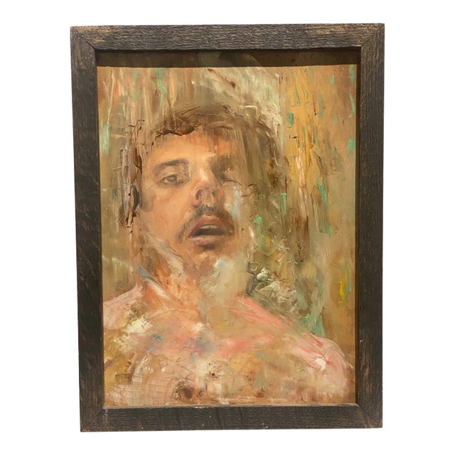 Contemporary Oil Painting Male Self Portrait on Panel in Wooden Frame by Nicolas Nadja For Sale