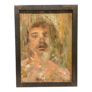 Contemporary Oil Painting Male Self Portrait on Panel in Wooden Frame by Nicolas Nadja